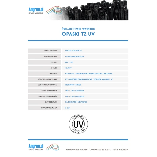 Wysokiej jakości opaski zaciskowe z certyfikatem Czarne UV 160x2,5mm